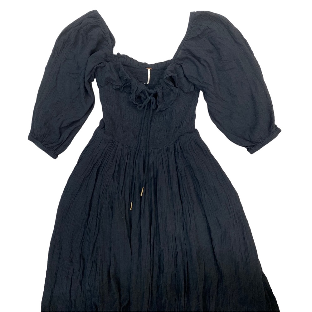 Free People Black Midi Puff Sleeve Smocked Dress - Picture 4 of 13